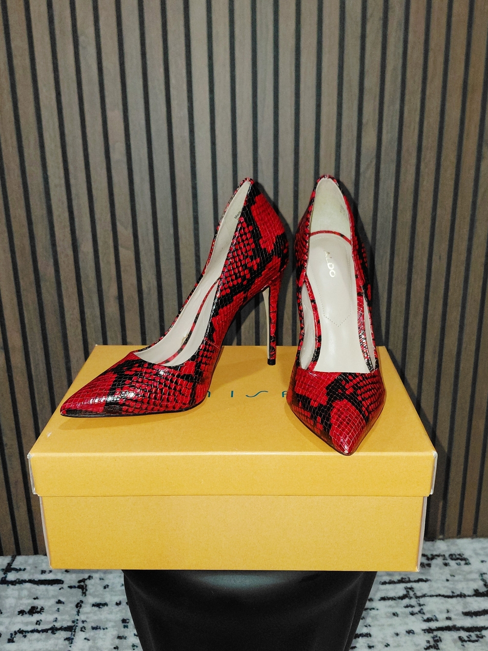 Red Snake-Print Pointed Toe Stiletto Pumps